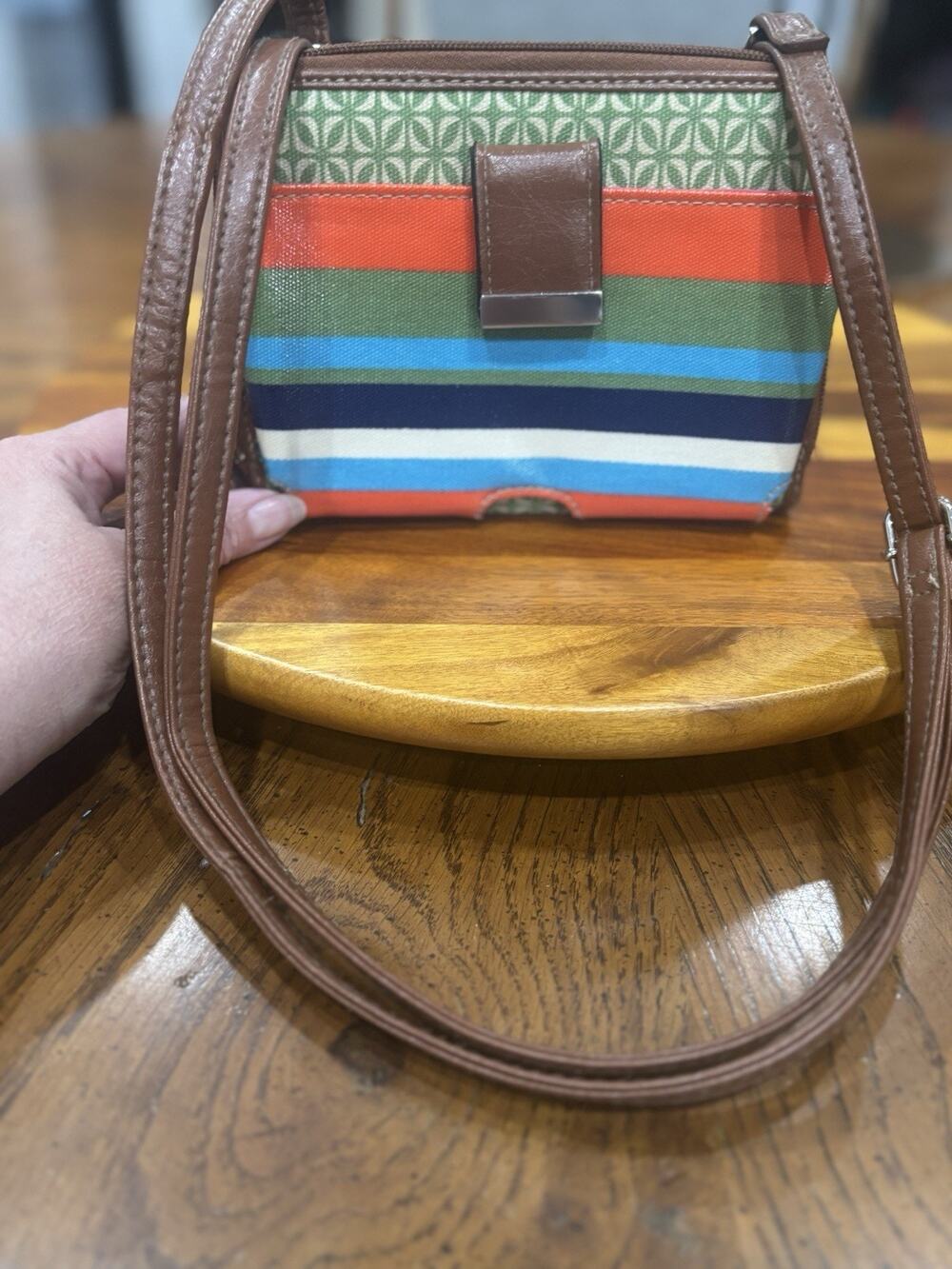 Striped Multicolor Small Crossbody Bag Zip Closure Adjustable Strap Pink Lining